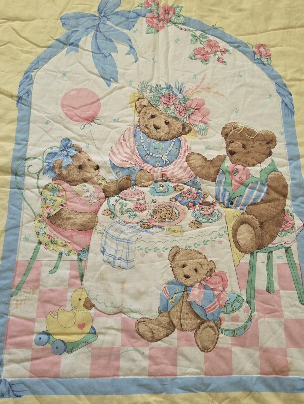 Vintage Tea Party Teddy Bear Quilted Baby Toddler Girl Blanket